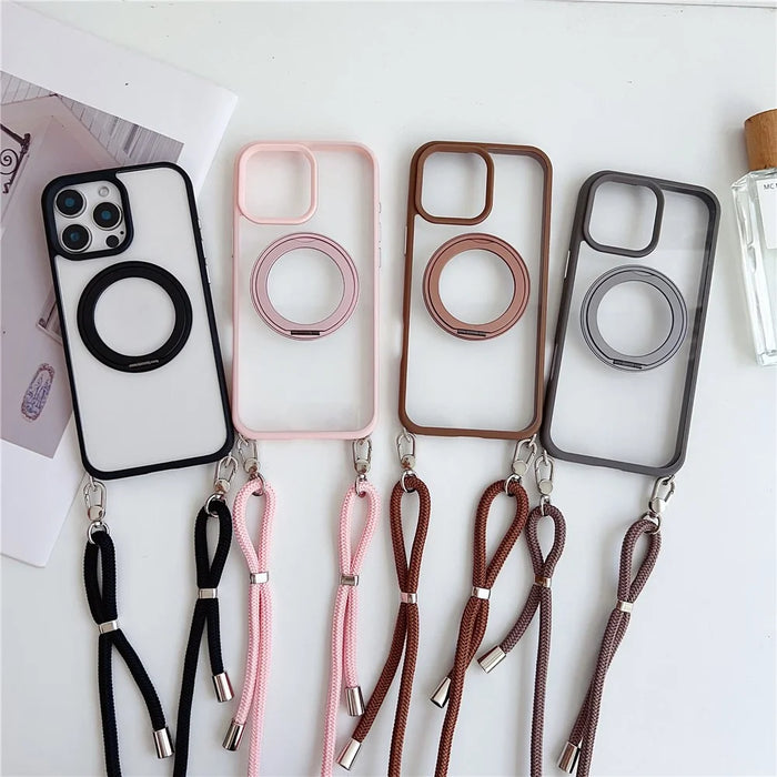 For iPhone 15 Pro Case Compatible with MagSafe Rotatable Kickstand PC+TPU Phone Cover with Lanyard - Brown - 6