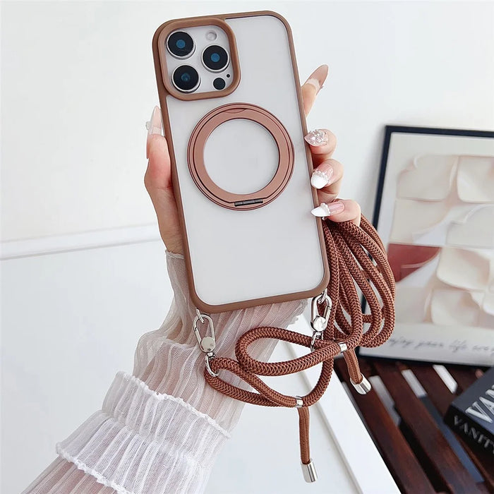 For iPhone 15 Pro Max Case Compatible with MagSafe Rotatable Kickstand PC+TPU Phone Cover with Lanyard - Black - Brown - 1