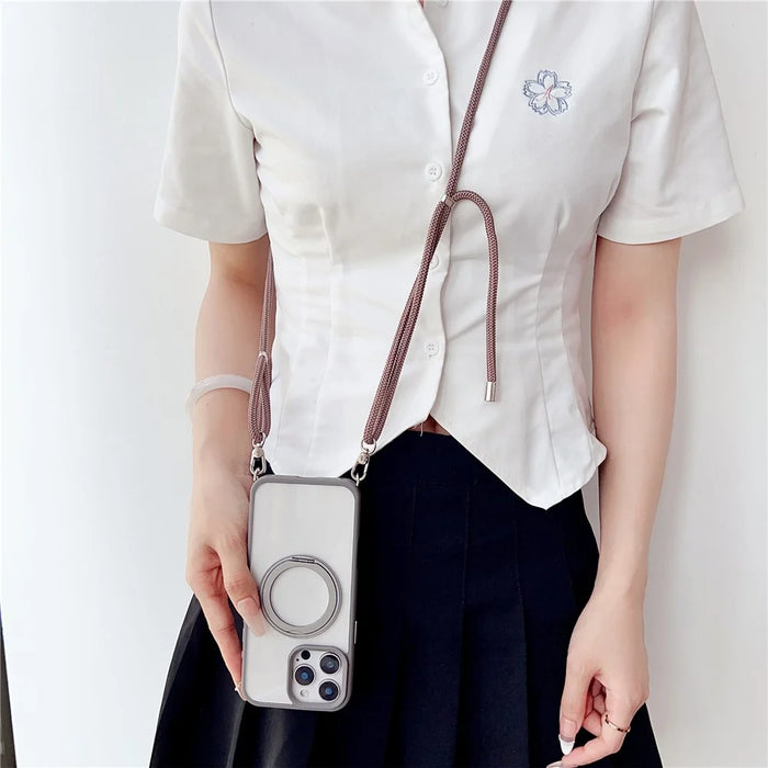 For iPhone 15 Pro Max Case Compatible with MagSafe Rotatable Kickstand PC+TPU Phone Cover with Lanyard - Black - Brown - 2