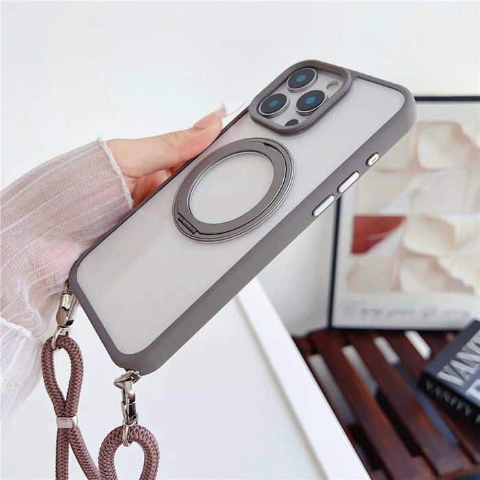 For iPhone 15 Pro Max Case Compatible with MagSafe Rotatable Kickstand PC+TPU Phone Cover with Lanyard - Black - Brown - 4