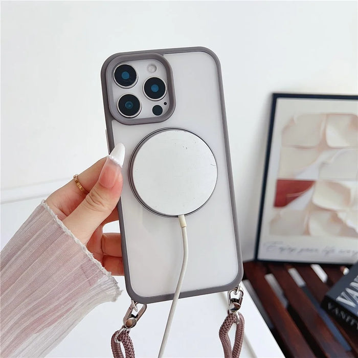 For iPhone 15 Pro Max Case Compatible with MagSafe Rotatable Kickstand PC+TPU Phone Cover with Lanyard - Black - Brown - 5