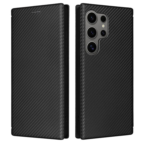 For Samsung Galaxy S25 Ultra Case Carbon Fiber Texture Drop-Proof PU Leather Phone Cover - Black - 1