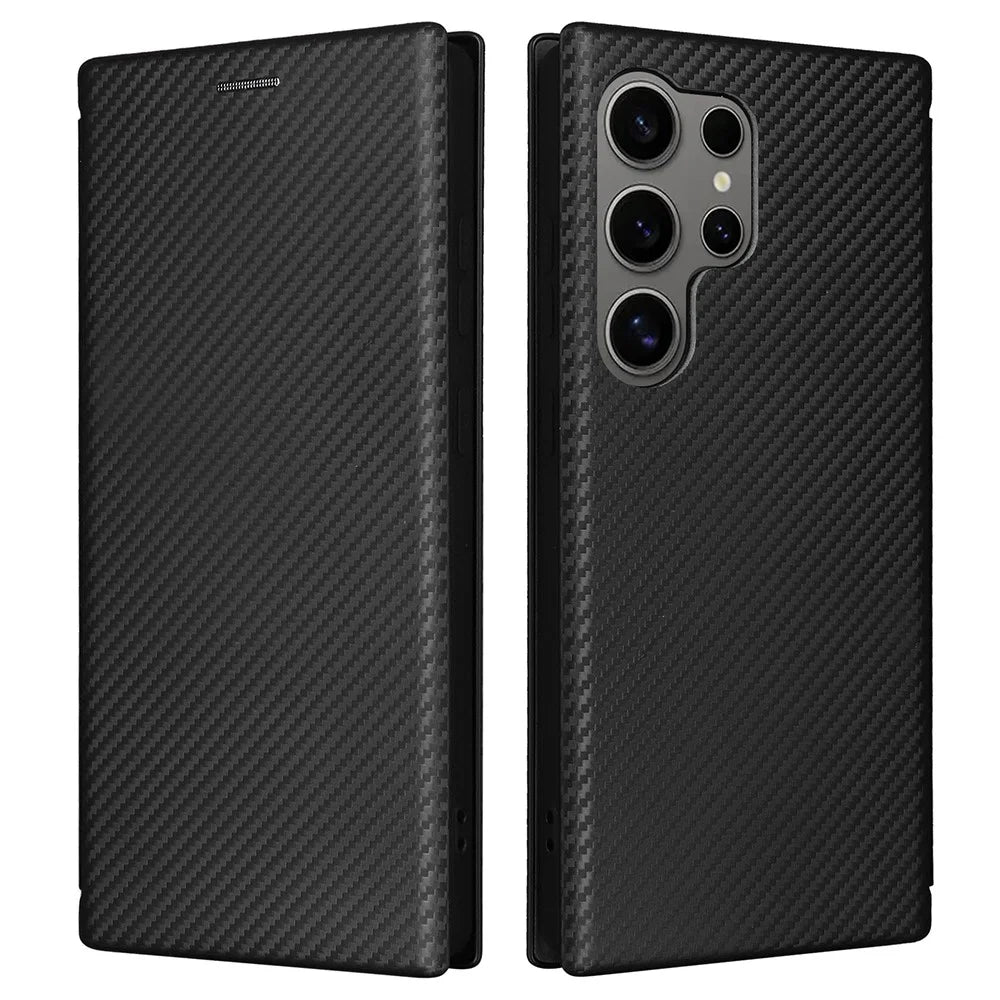 For Samsung Galaxy S25 Ultra Case Carbon Fiber Texture Drop-Proof PU Leather Phone Cover - Black - 1