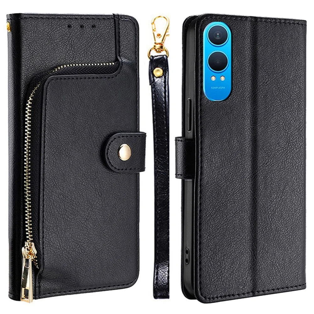 For OnePlus Nord CE4 Lite 5G / Oppo K12x 5G (China) Case Zipper Pocket PU Leather Wallet Flip Phone Cover - Black - 1
