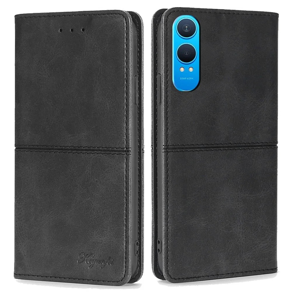 For OnePlus Nord CE4 Lite 5G / Oppo K12x 5G (China) Case Card Slots Cowhide Texture Phone Leather Cover - Black - 1