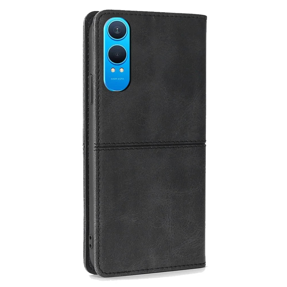 For OnePlus Nord CE4 Lite 5G / Oppo K12x 5G (China) Case Card Slots Cowhide Texture Phone Leather Cover - Black - 7
