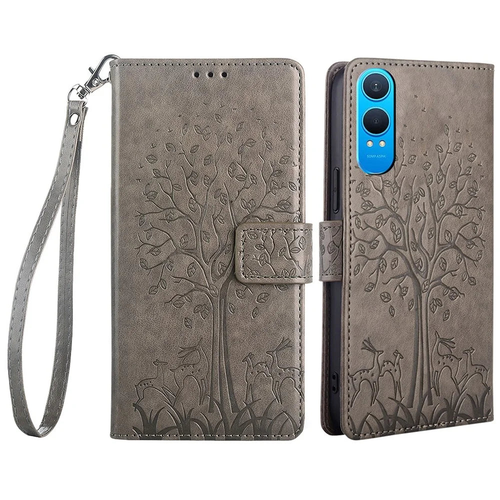 For OnePlus Nord CE4 Lite 5G / Oppo K12x 5G (China) Case PU Leather Wallet Phone Cover Tree Deer Imprinted - Grey - 1