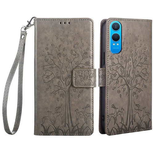 For OnePlus Nord CE4 Lite 5G / Oppo K12x 5G (China) Case PU Leather Wallet Phone Cover Tree Deer Imprinted - Grey - 1