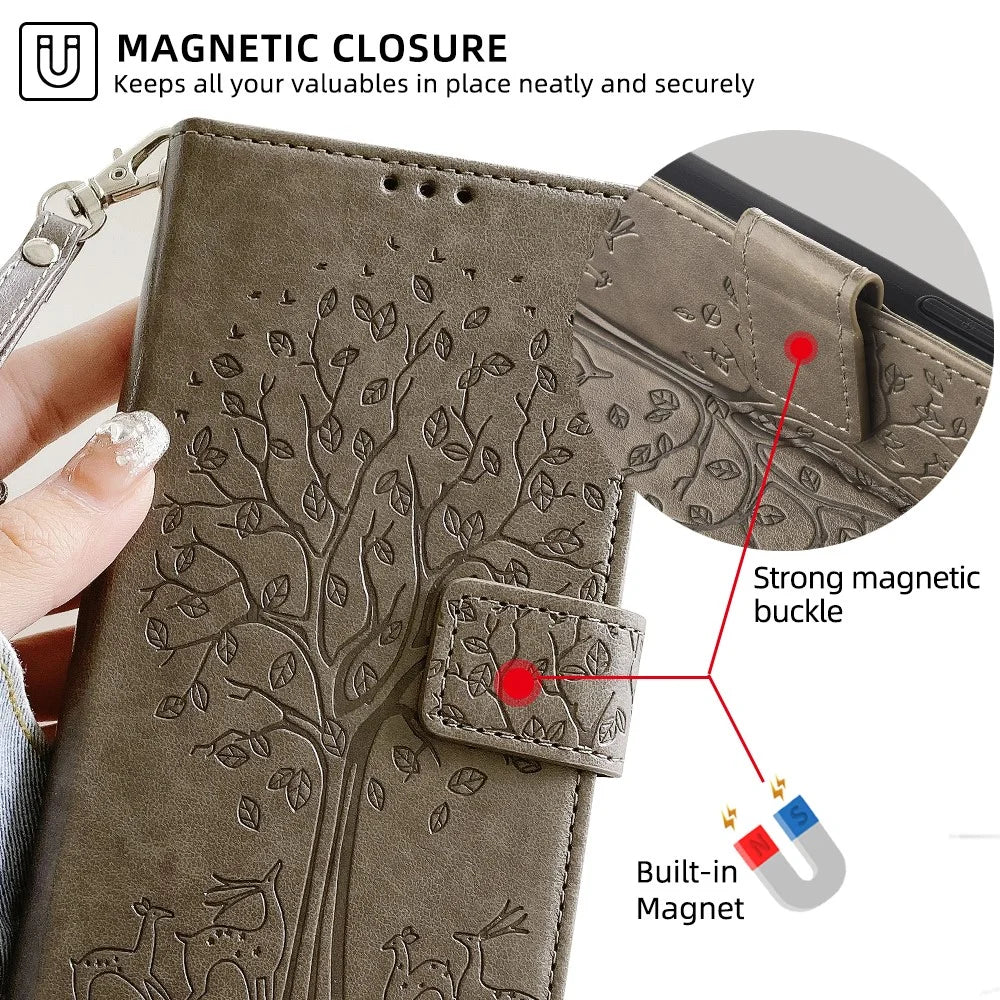For OnePlus Nord CE4 Lite 5G / Oppo K12x 5G (China) Case PU Leather Wallet Phone Cover Tree Deer Imprinted - Grey - 6