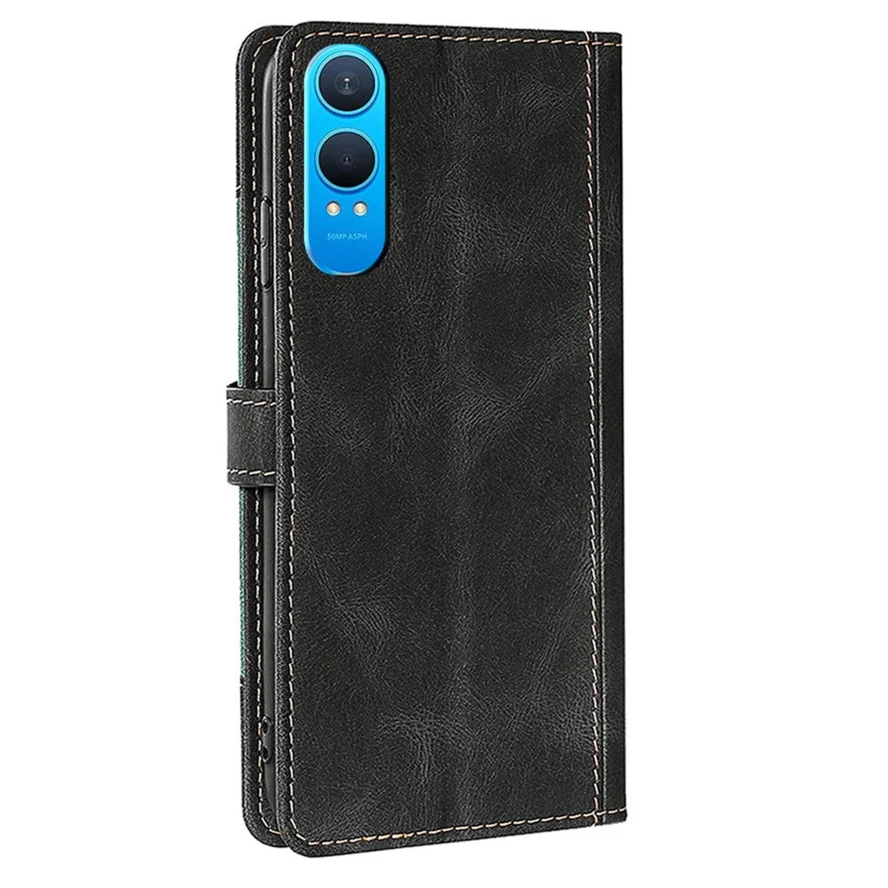 For OnePlus Nord CE4 Lite 5G / Oppo K12x 5G (China) Case Leather Wallet Phone Cover with Straw Hat Magnetic Clasp - Black - 7