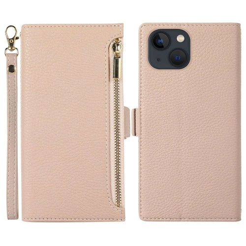 For iPhone 14 Zipper Pocket Design Phone Case Litchi Texture Full Protection PU Leather Phone Flip Cover Wallet with Strap - Apricot - 1