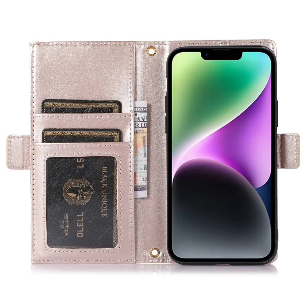 For iPhone 14 Zipper Pocket Design Phone Case Litchi Texture Full Protection PU Leather Phone Flip Cover Wallet with Strap - Apricot - 2