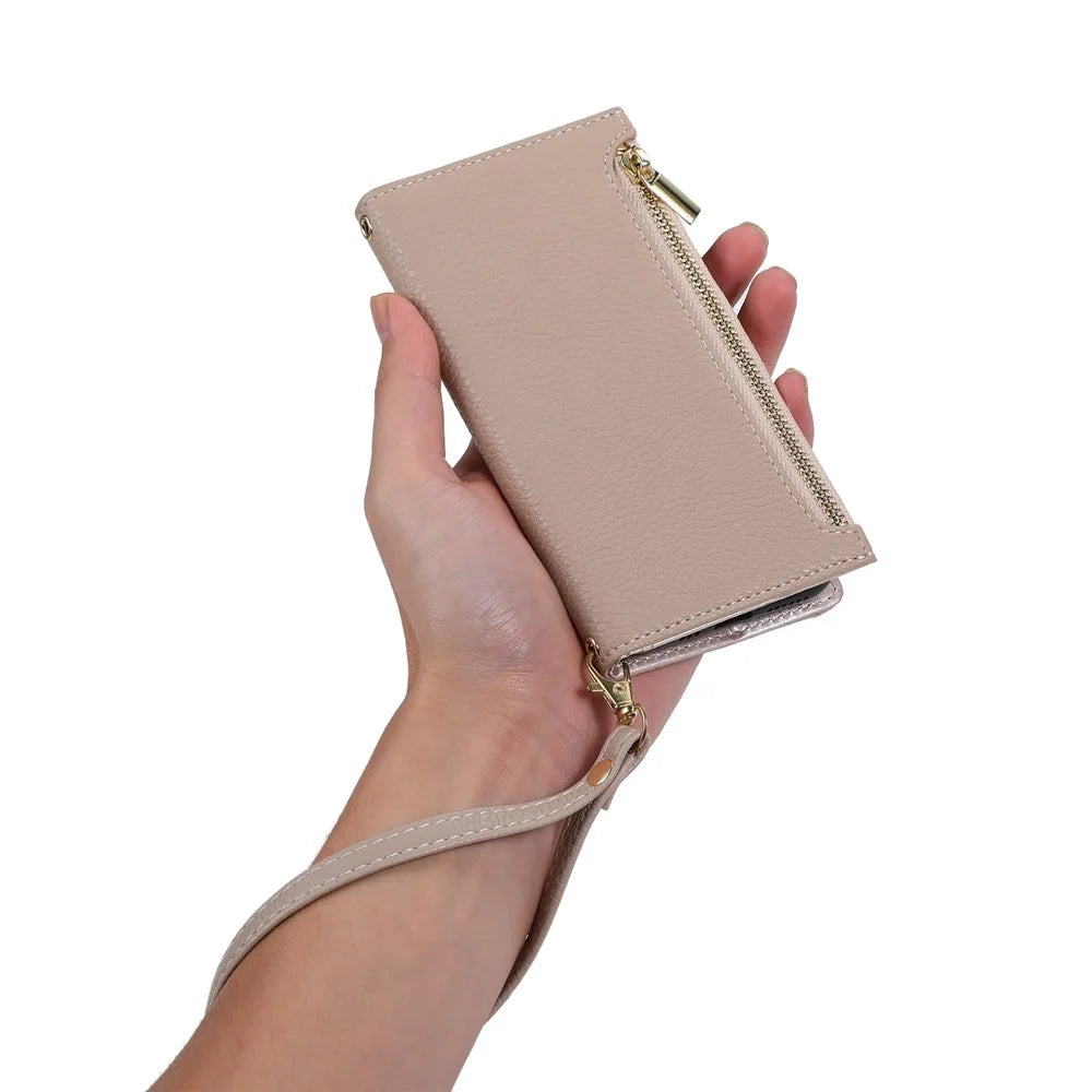 For iPhone 14 Zipper Pocket Design Phone Case Litchi Texture Full Protection PU Leather Phone Flip Cover Wallet with Strap - Apricot - 5