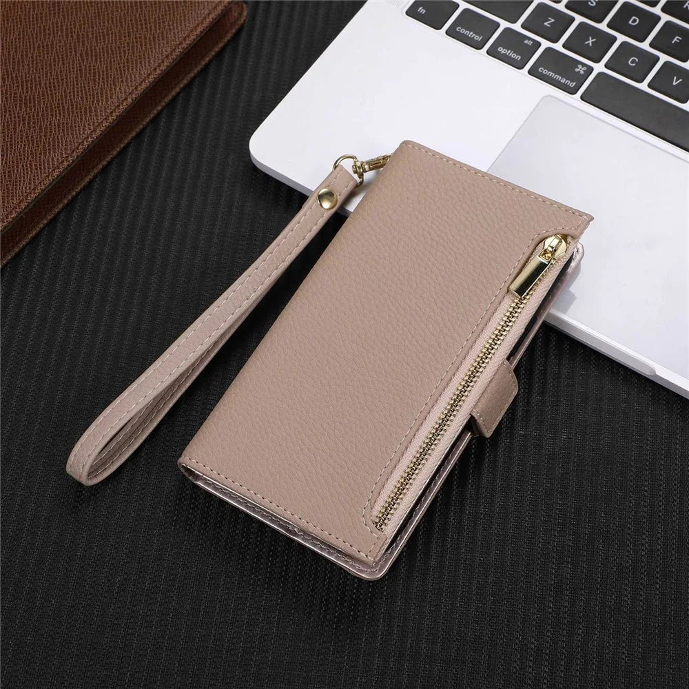 For iPhone 14 Zipper Pocket Design Phone Case Litchi Texture Full Protection PU Leather Phone Flip Cover Wallet with Strap - Apricot - 6