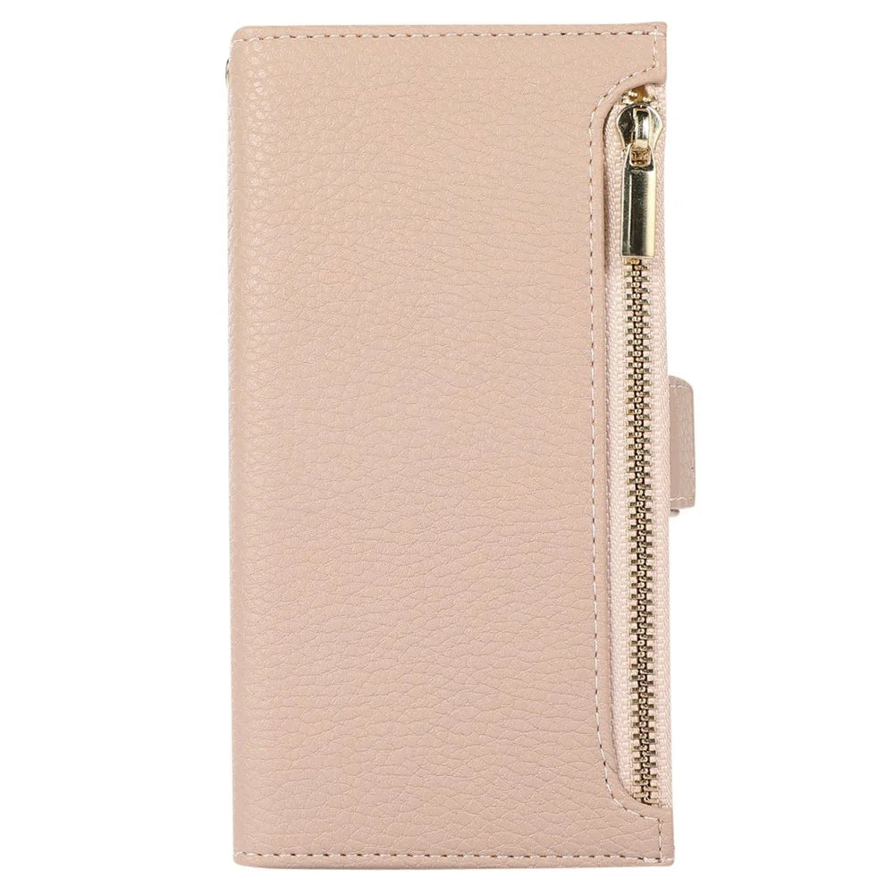 For iPhone 14 Zipper Pocket Design Phone Case Litchi Texture Full Protection PU Leather Phone Flip Cover Wallet with Strap - Apricot - 7