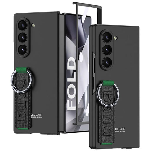 GKK For Samsung Galaxy Z Fold5 5G Case Tempered Glass Screen Film+Hard PC Phone Cover with Ring Holder, Finger Strap - Black - 1