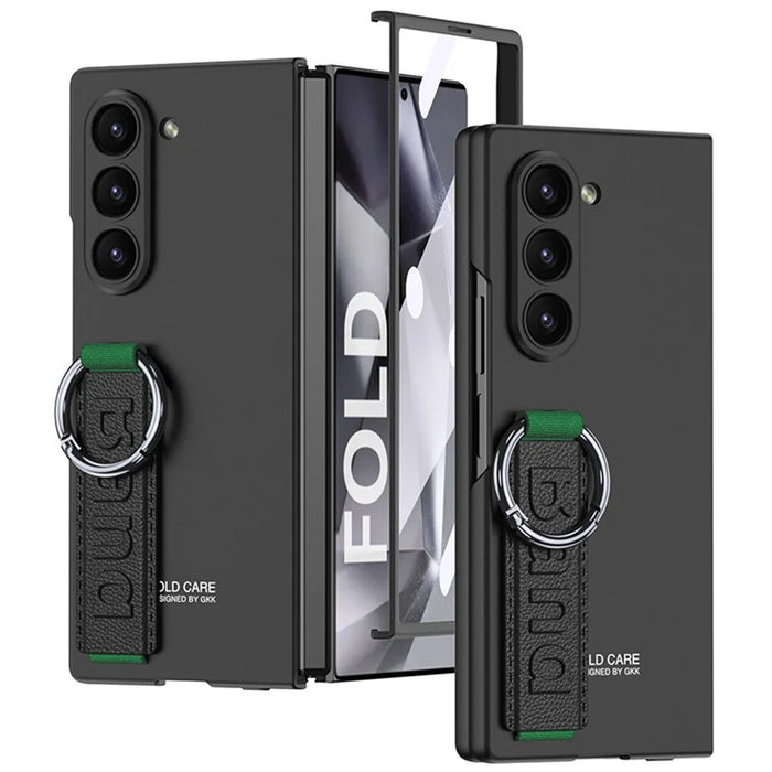 GKK For Samsung Galaxy Z Fold5 5G Case Tempered Glass Screen Film+Hard PC Phone Cover with Ring Holder, Finger Strap - Black - 1