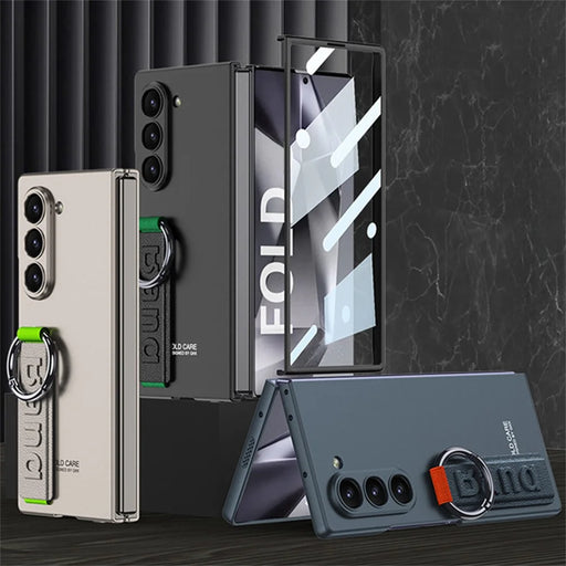 GKK For Samsung Galaxy Z Fold5 5G Case Tempered Glass Screen Film+Hard PC Phone Cover with Ring Holder, Finger Strap - Black - 2