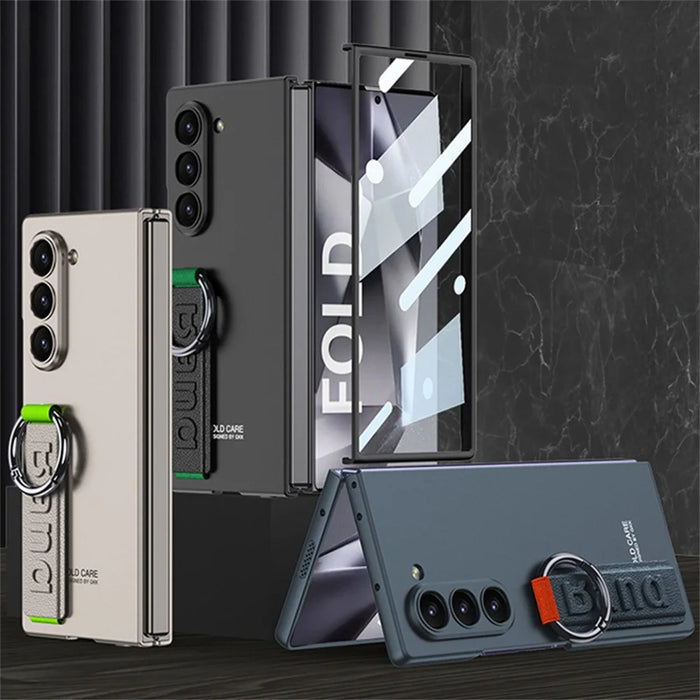 GKK For Samsung Galaxy Z Fold5 5G Case Tempered Glass Screen Film+Hard PC Phone Cover with Ring Holder, Finger Strap - Black - 2