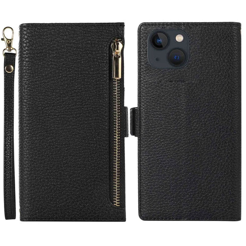 Litchi Texture Phone Case for iPhone 14 Plus, Zipper Pocket Full Protection PU Leather Phone Flip Cover Wallet with Strap - Black - 1