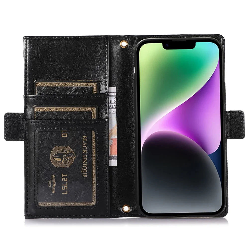 Litchi Texture Phone Case for iPhone 14 Plus, Zipper Pocket Full Protection PU Leather Phone Flip Cover Wallet with Strap - Black - 2