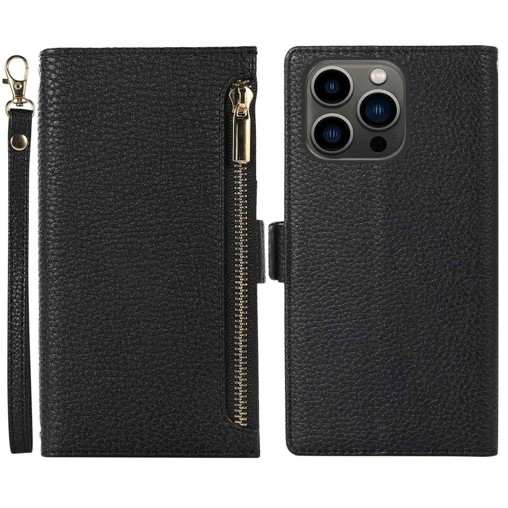 Litchi Texture Phone Case for iPhone 14 Pro Max, Drop Resistant Zipper Pocket PU Leather Flip Cover Wallet with Strap - Black - 1