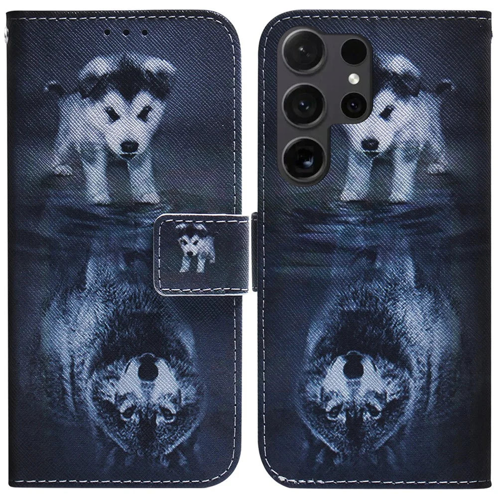 For Samsung Galaxy S25 Ultra Wallet Case Pattern Print Leather Phone Cover - Dog and Wolf - 1