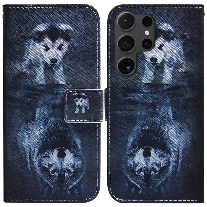 For Samsung Galaxy S25 Ultra Wallet Case Pattern Print Leather Phone Cover - Dog and Wolf - 1