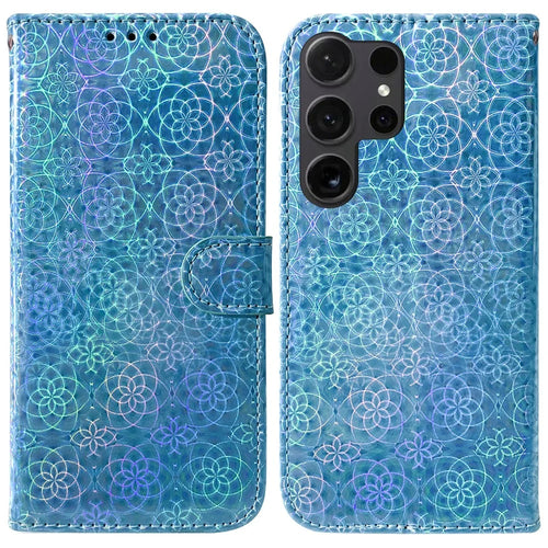 For Samsung Galaxy S25 Ultra Stand Case Dazzling Flower Leather Phone Cover - Blue - 1