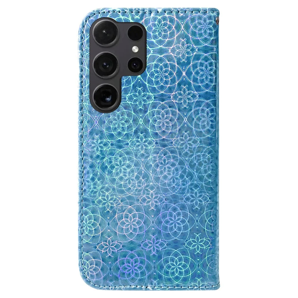 For Samsung Galaxy S25 Ultra Stand Case Dazzling Flower Leather Phone Cover - Blue - 6
