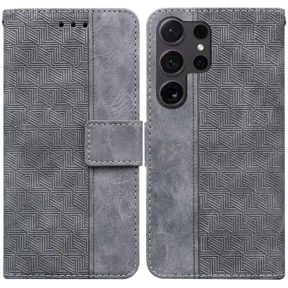 For Samsung Galaxy S25 Ultra Case Geometry Pattern Leather Wallet Phone Cover - Grey - 1