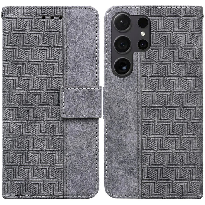 For Samsung Galaxy S25 Ultra Case Geometry Pattern Leather Wallet Phone Cover - Grey - 1