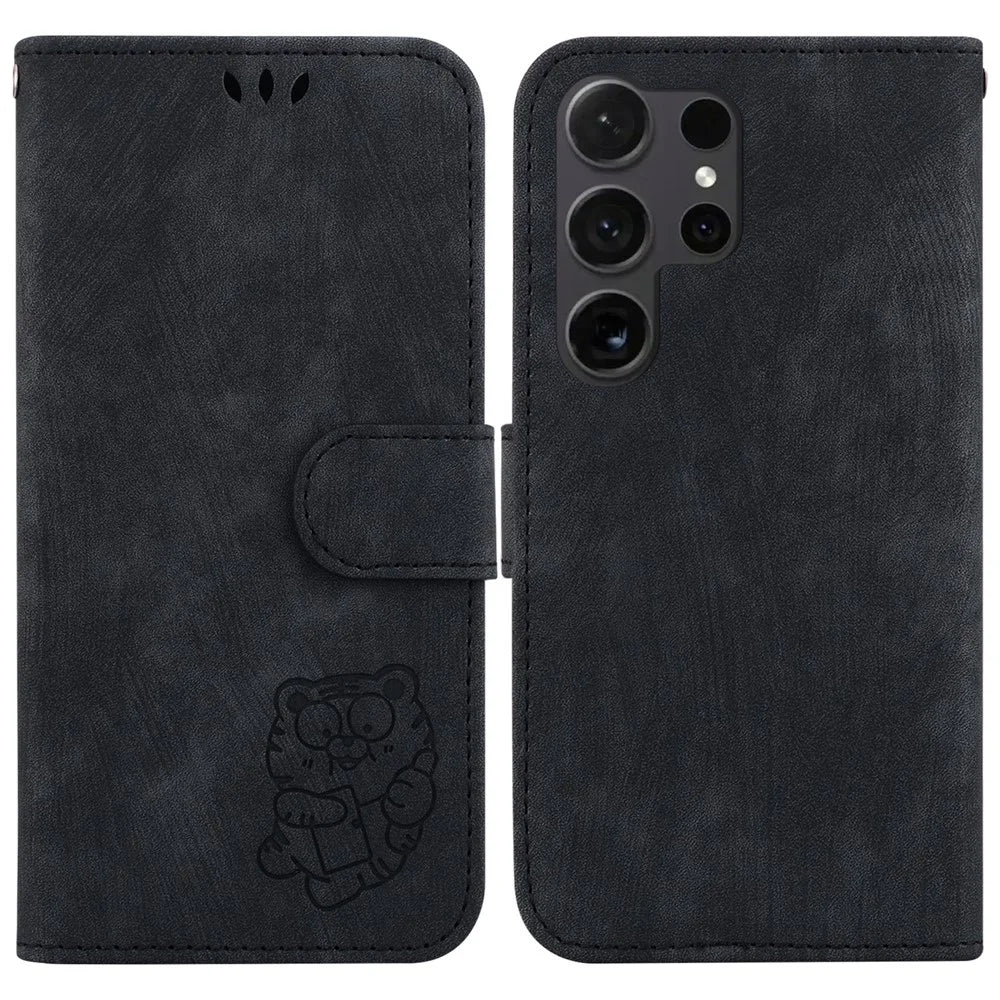 For Samsung Galaxy S25 Ultra Wallet Case Tiger Imprint Leather Shockproof Phone Cover - Black - 1