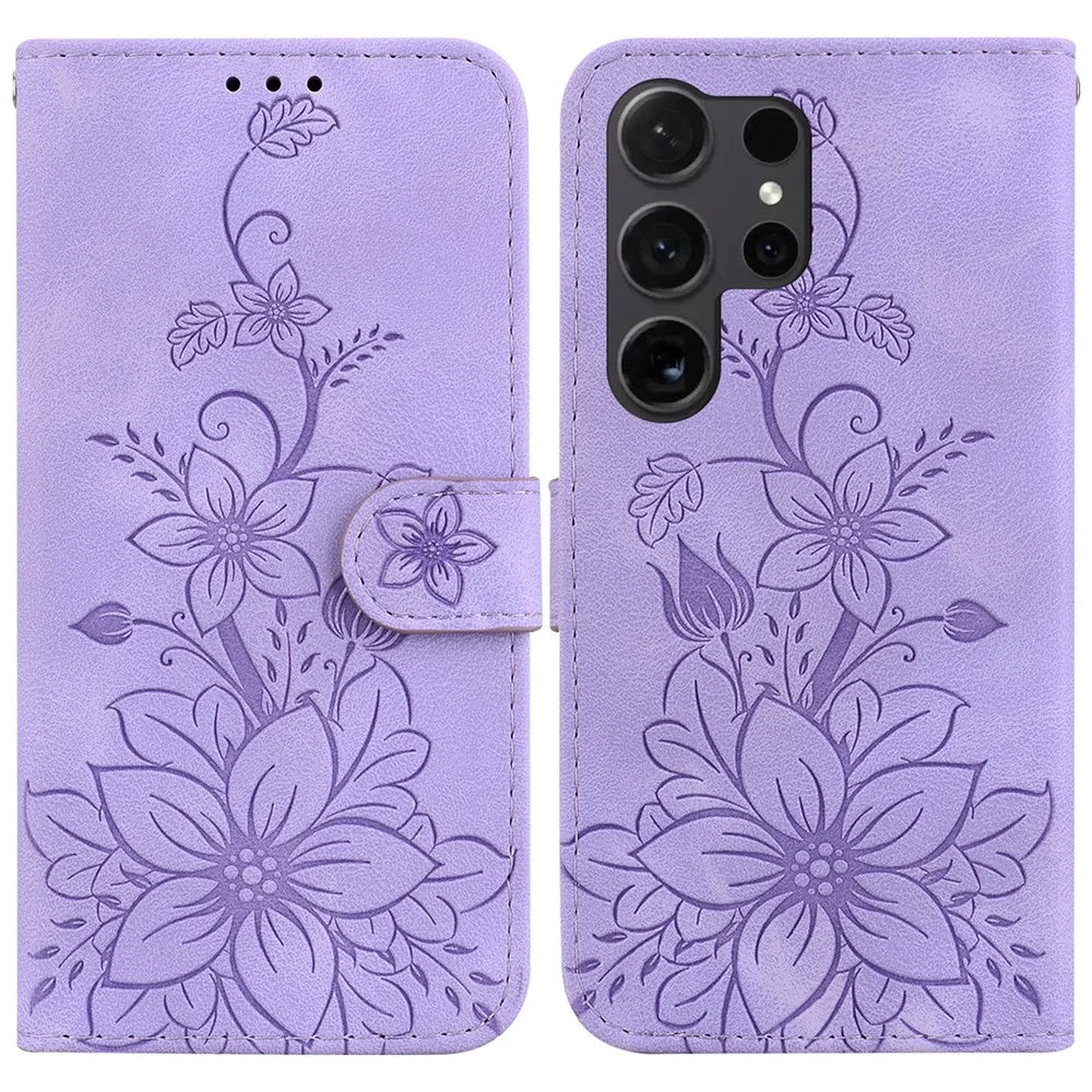 For Samsung Galaxy S25 Ultra Case Lily Flower Imprint Leather Phone Cover with Stand - Purple - 1