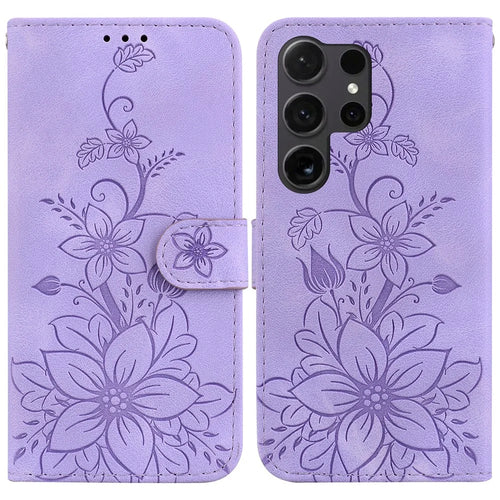 For Samsung Galaxy S25 Ultra Case Lily Flower Imprint Leather Phone Cover with Stand - Purple - 1