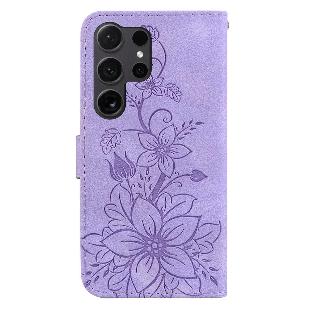 For Samsung Galaxy S25 Ultra Case Lily Flower Imprint Leather Phone Cover with Stand - Purple - 7