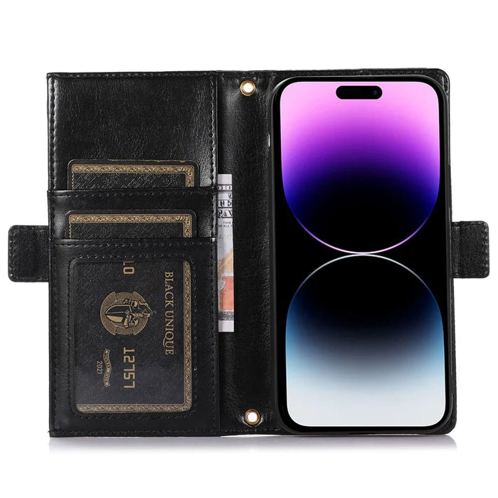 Litchi Texture Phone Case for iPhone 14 Pro, Zipper Pocket Full Coverage PU Leather Phone Flip Cover Wallet with Strap - Black - 2