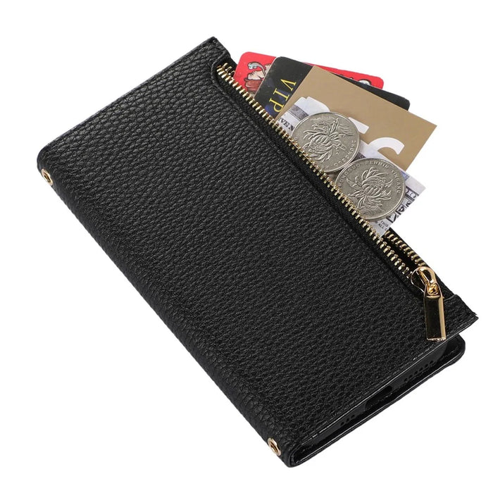 Litchi Texture Phone Case for iPhone 14 Pro, Zipper Pocket Full Coverage PU Leather Phone Flip Cover Wallet with Strap - Black - 4