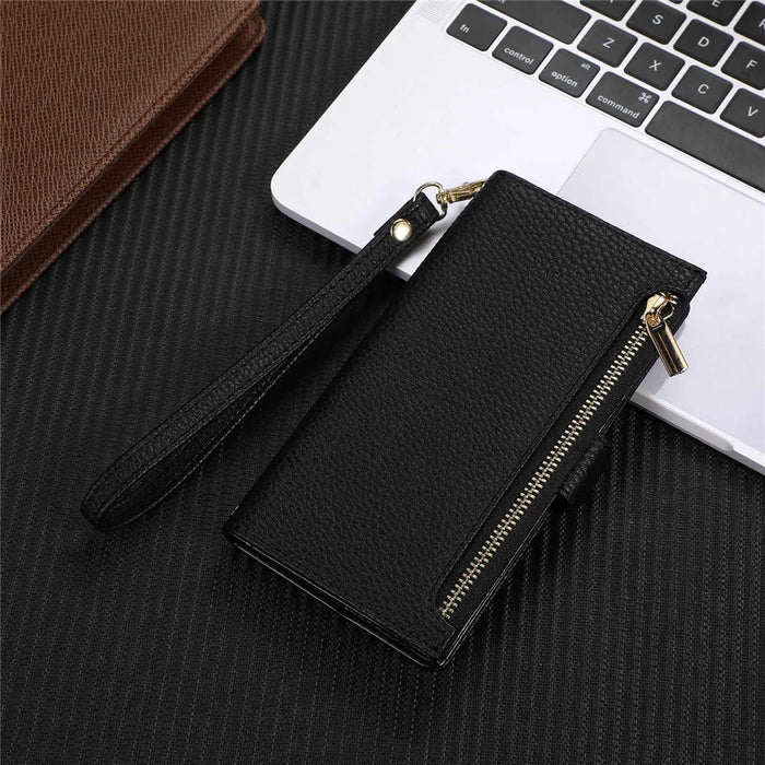Litchi Texture Phone Case for iPhone 14 Pro, Zipper Pocket Full Coverage PU Leather Phone Flip Cover Wallet with Strap - Black - 6