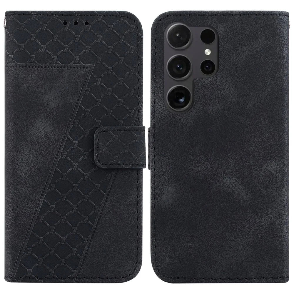 For Samsung Galaxy S25 Ultra Stand Case 7-Shaped Pattern Imprint Leather Phone Cover - Black - 1
