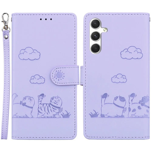 For Samsung Galaxy S25 Case RFID Blocking Kitten Pattern TPU+PU Leather Phone Cover - Purple - 1