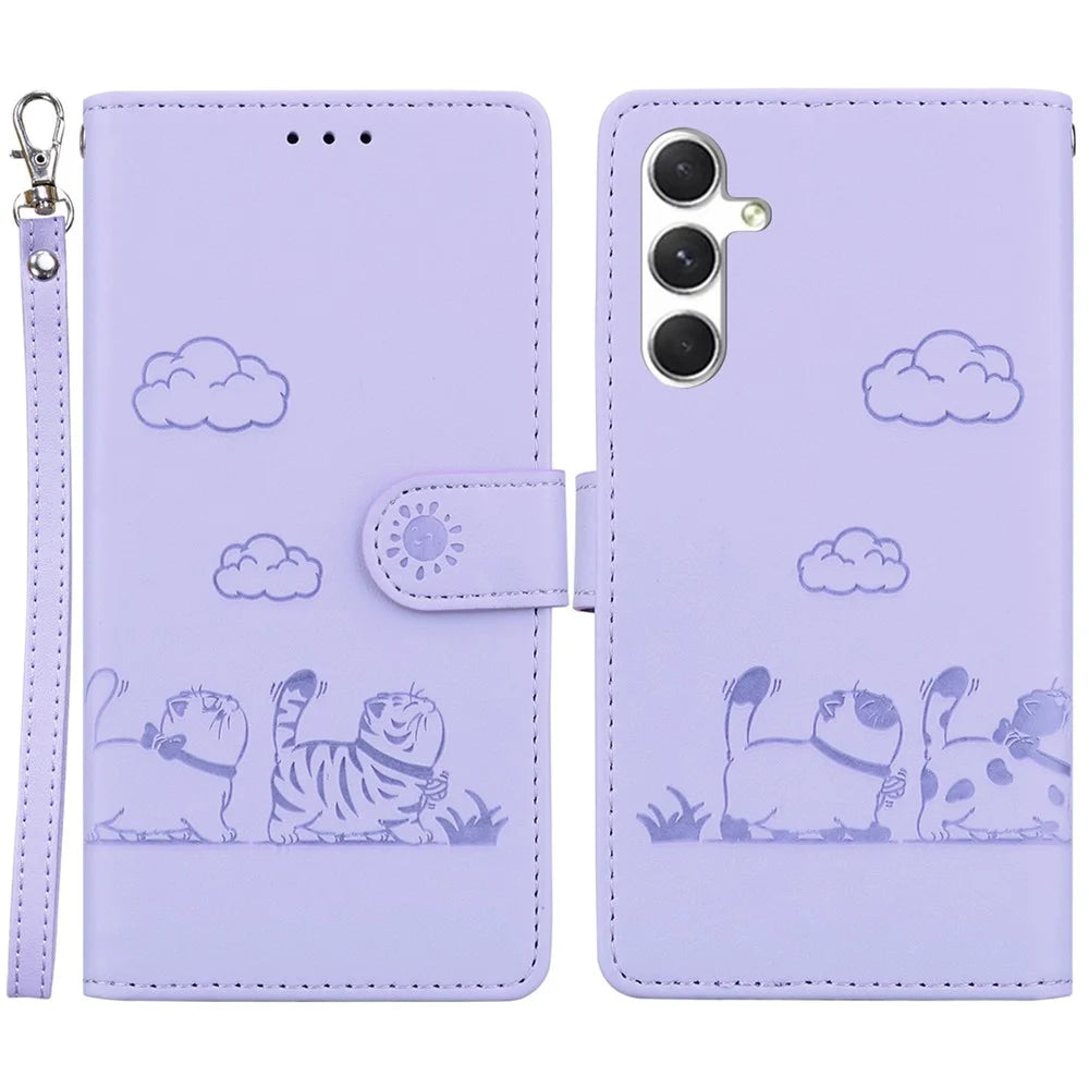 For Samsung Galaxy S25 Case RFID Blocking Kitten Pattern TPU+PU Leather Phone Cover - Purple - 1