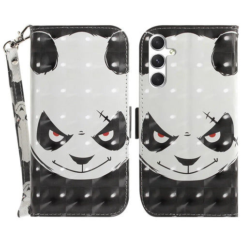 For Samsung Galaxy S25+ Case Pattern Printing Leather Wallet Phone Cover with Wrist Strap - Angry Panda - 1