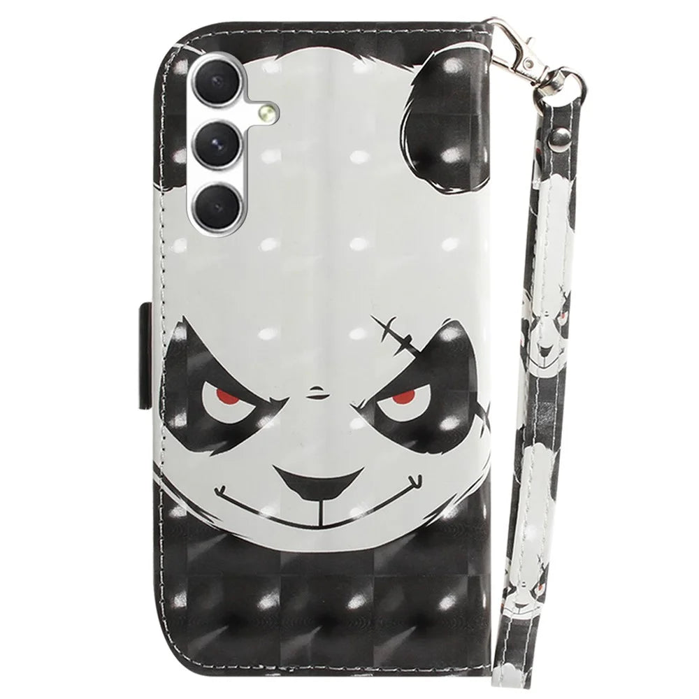 For Samsung Galaxy S25+ Case Pattern Printing Leather Wallet Phone Cover with Wrist Strap - Angry Panda - 7