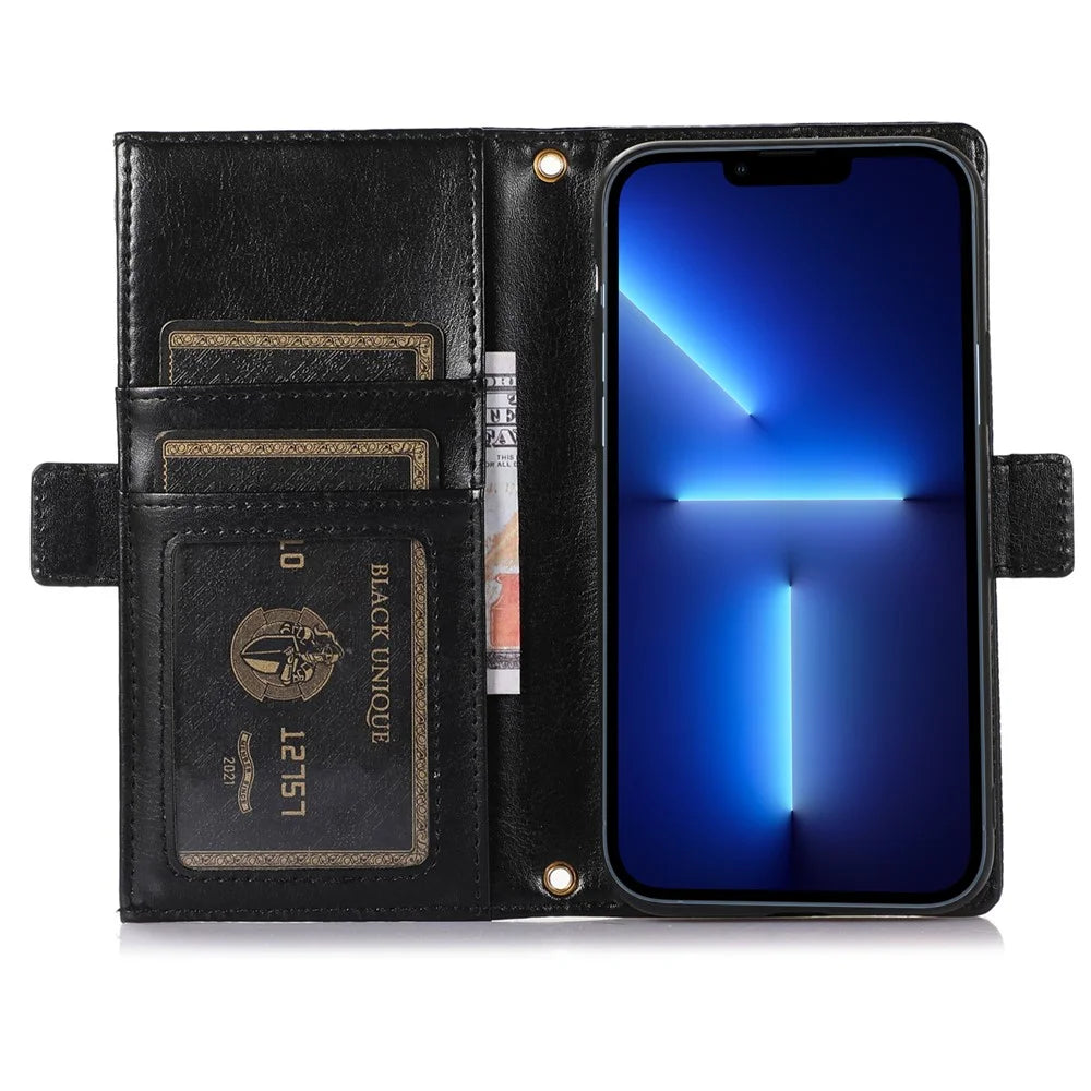 For iPhone 13 Pro 6.1 inch Zipper Pocket Design Litchi Texture Phone Case, Anti-scratch PU Leather Flip Cover Wallet with Strap - Black - 2