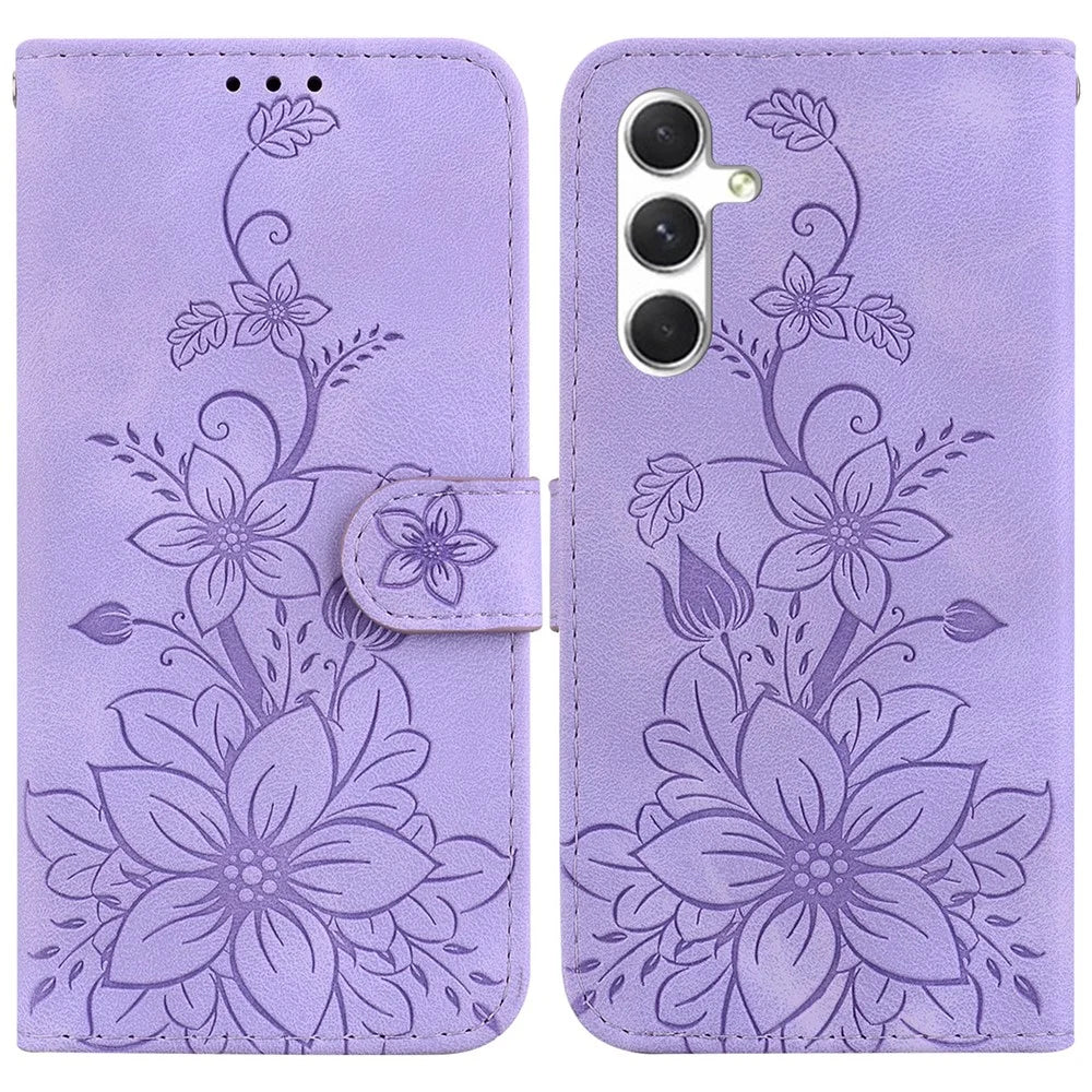 For Samsung Galaxy S25+ Case Lily Flower Imprint Leather Phone Cover with Stand - Purple - 1