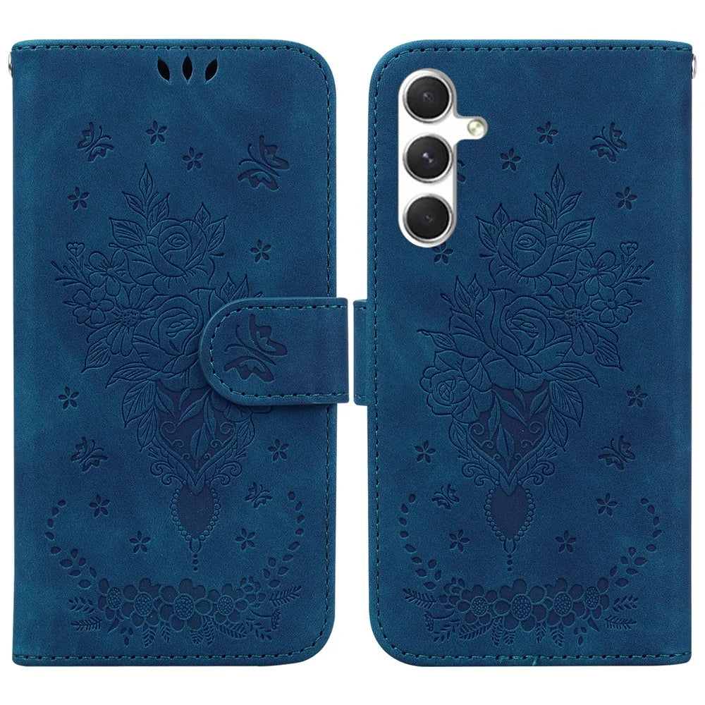 For Samsung Galaxy S25+ Case PU Leather Wallet Phone Cover Butterfly Flower Imprint - Blue - 1