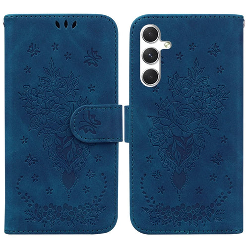For Samsung Galaxy S25+ Case PU Leather Wallet Phone Cover Butterfly Flower Imprint - Blue - 1