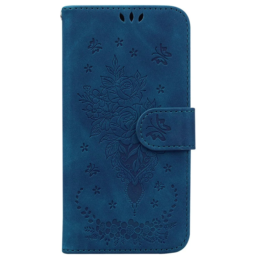 For Samsung Galaxy S25+ Case PU Leather Wallet Phone Cover Butterfly Flower Imprint - Blue - 6
