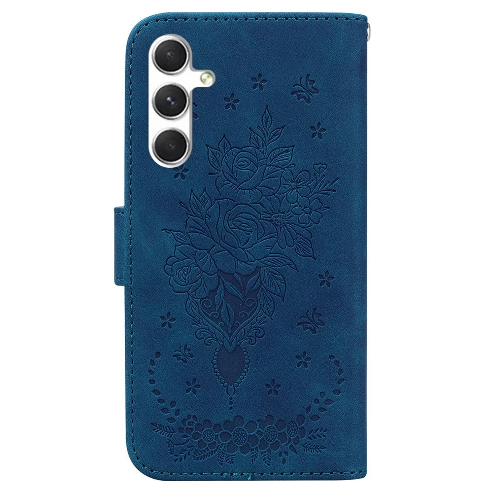 For Samsung Galaxy S25+ Case PU Leather Wallet Phone Cover Butterfly Flower Imprint - Blue - 7